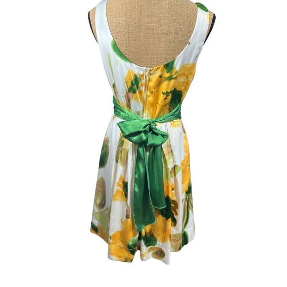 Vintage Inspired Yellow Floral Sundress Size 13 Tulle V-Neck Green Waistband - Picture 3 of 13